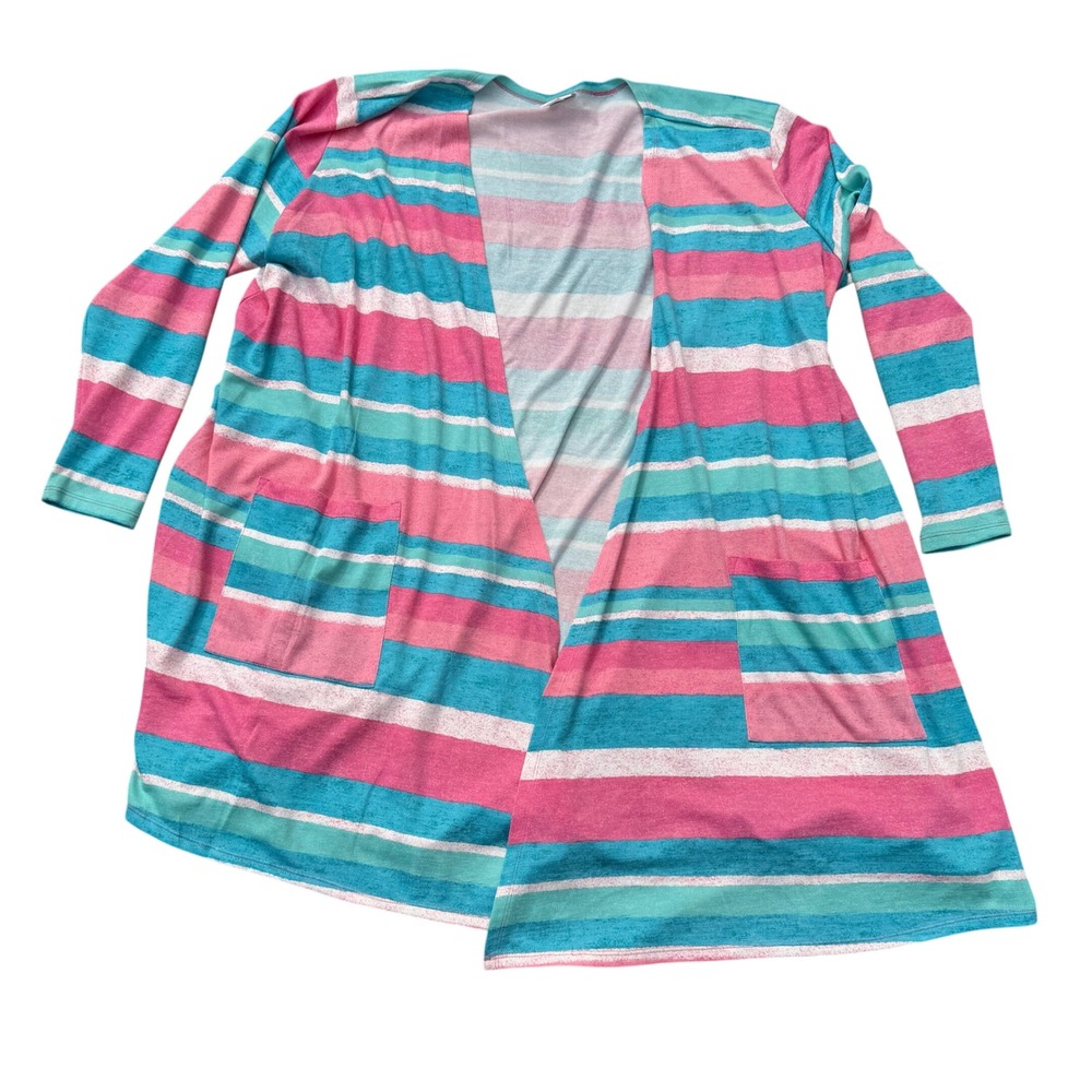 LuLaRoe Lindsay Cardigan 3XL Pink Blue Stripe Open Front Long Duster Plus